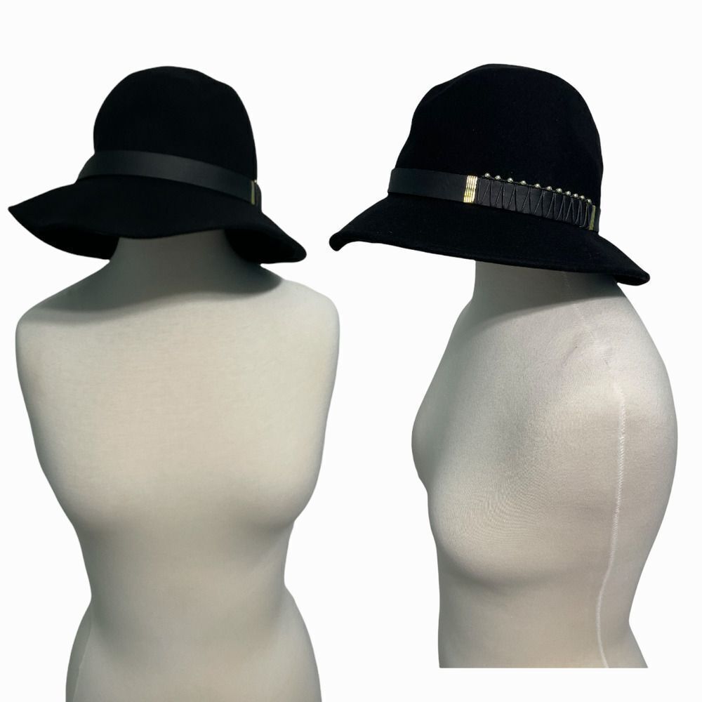 Black Wool Cloche Hat with Band Winter Fall Fashion Hat Floppy Boho Gold Accents